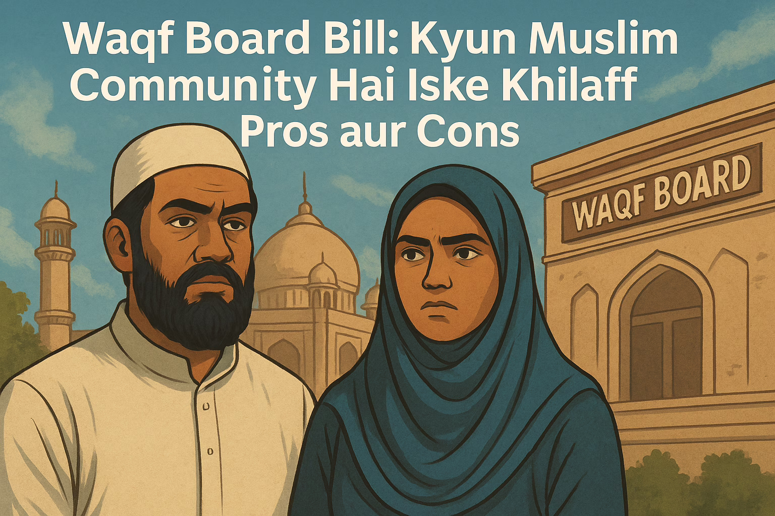 Indian Parliament ka ek digital illustration jisme 'Waqf Board Bill' likha hai, jo is bill ke aaspaas ho rahi political aur social debate ko represent karta hai."